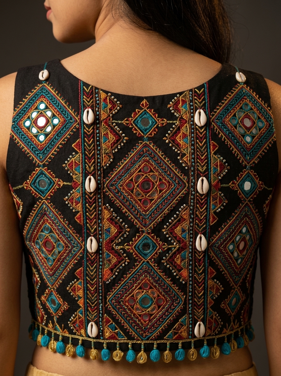 Banjara Nomadic Geometry Embroidery with Mirrorwork and Cowries
